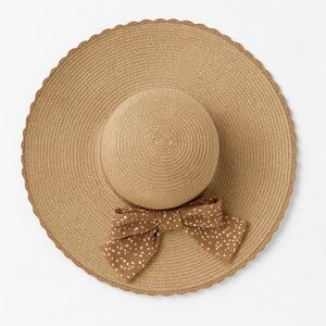 🤎 Wide Brim Straw Sun Hat – Tan, One Size Floral Bow Detail Beach Vacation